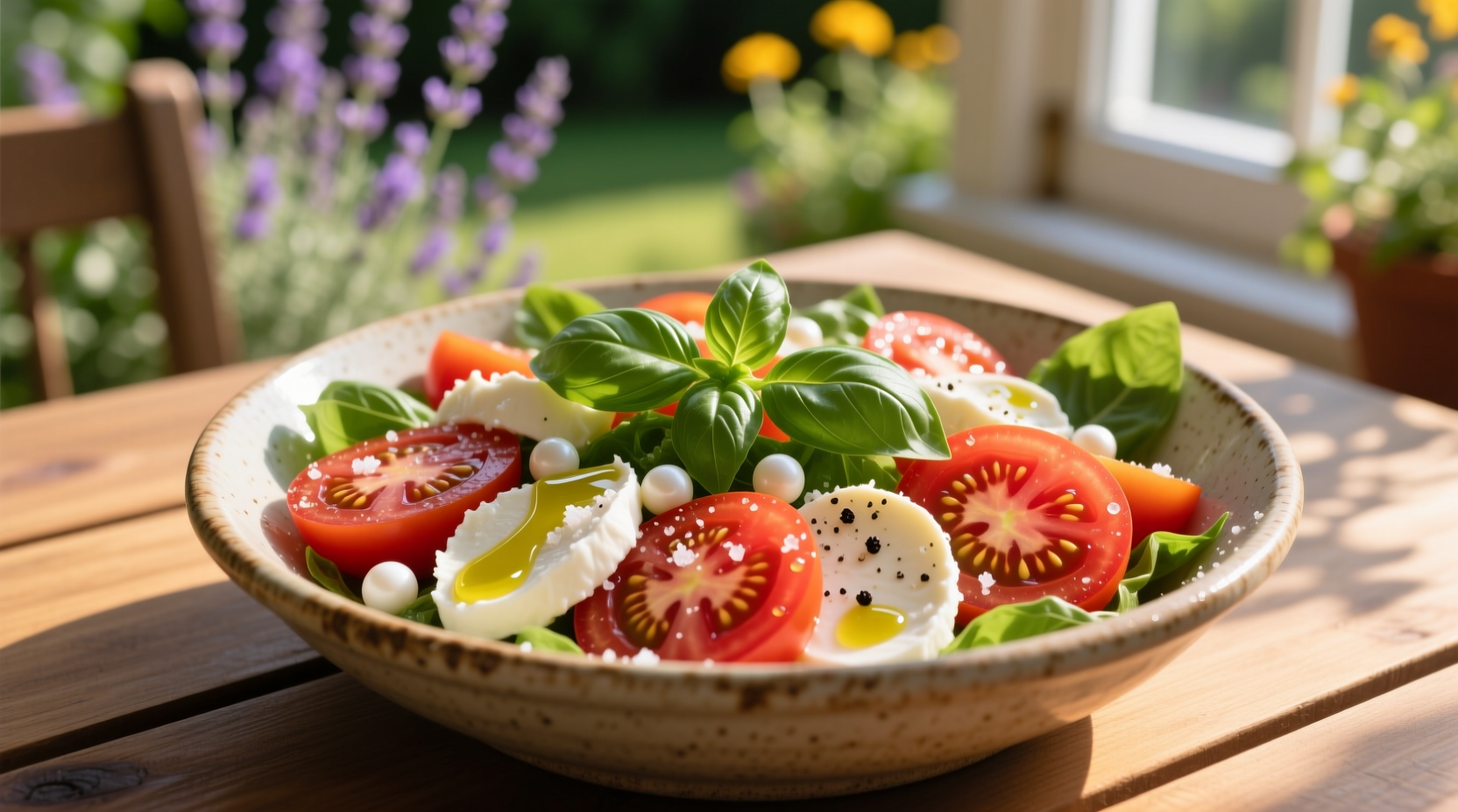 Fresh summer tomato salad with basil and mozzarella
