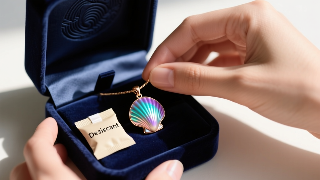 Hands placing an iridescent jingle shell pendant into a velvet-lined anti-tarnish box next to a small silica gel packet.
