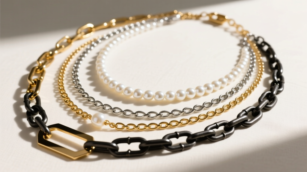 Flat lay of layered necklaces showing the contrast rule, featuring mixed metals, white pearls, and dark industrial hardware links