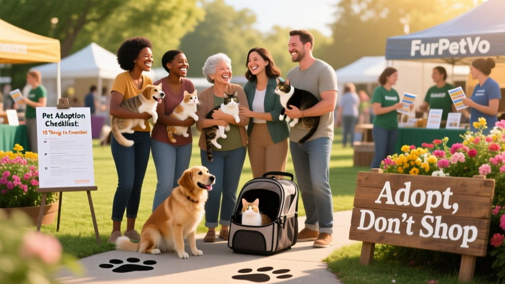 A diverse group of adopters smiling alongside their newly adopted dogs and cats at a FurPetVo community adoption event