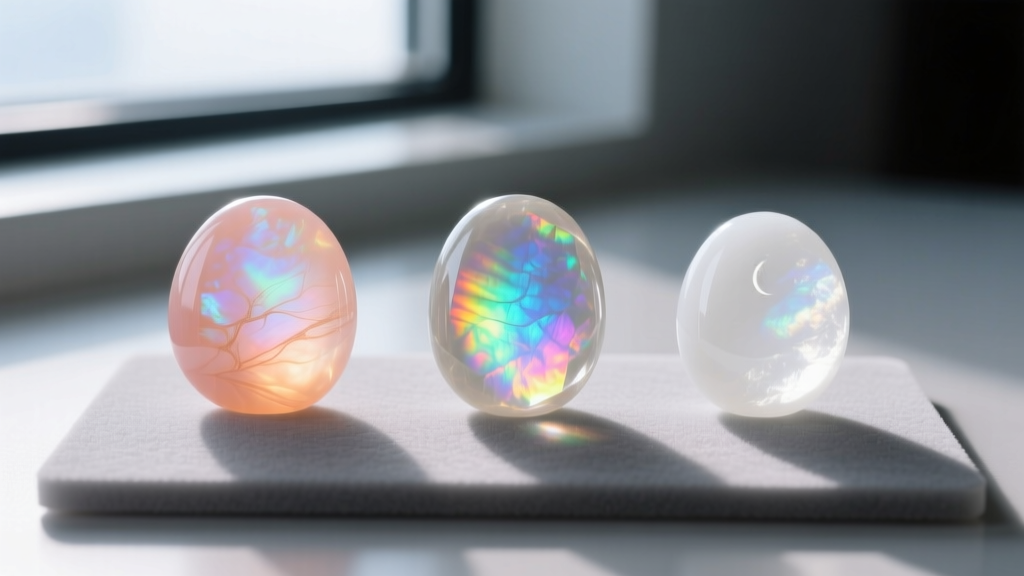 Side-by-side macro comparison of peach, rainbow, and white moonstone cabochons resting on a neutral gray gemological sorting pad.