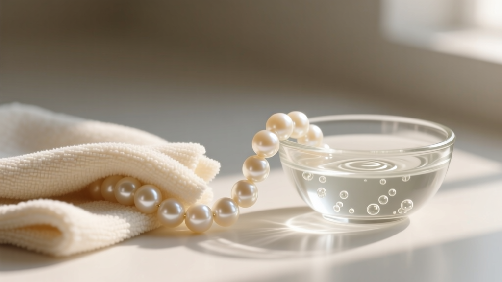 Soft microfiber cloth wiping a strand of vintage cream plastic pearl beads next to a small glass bowl of mild soapy water.