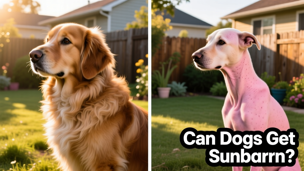 Side-by-side comparison: a dog with a full, healthy coat versus the same dog shaved too short, highlighting exposed pink skin