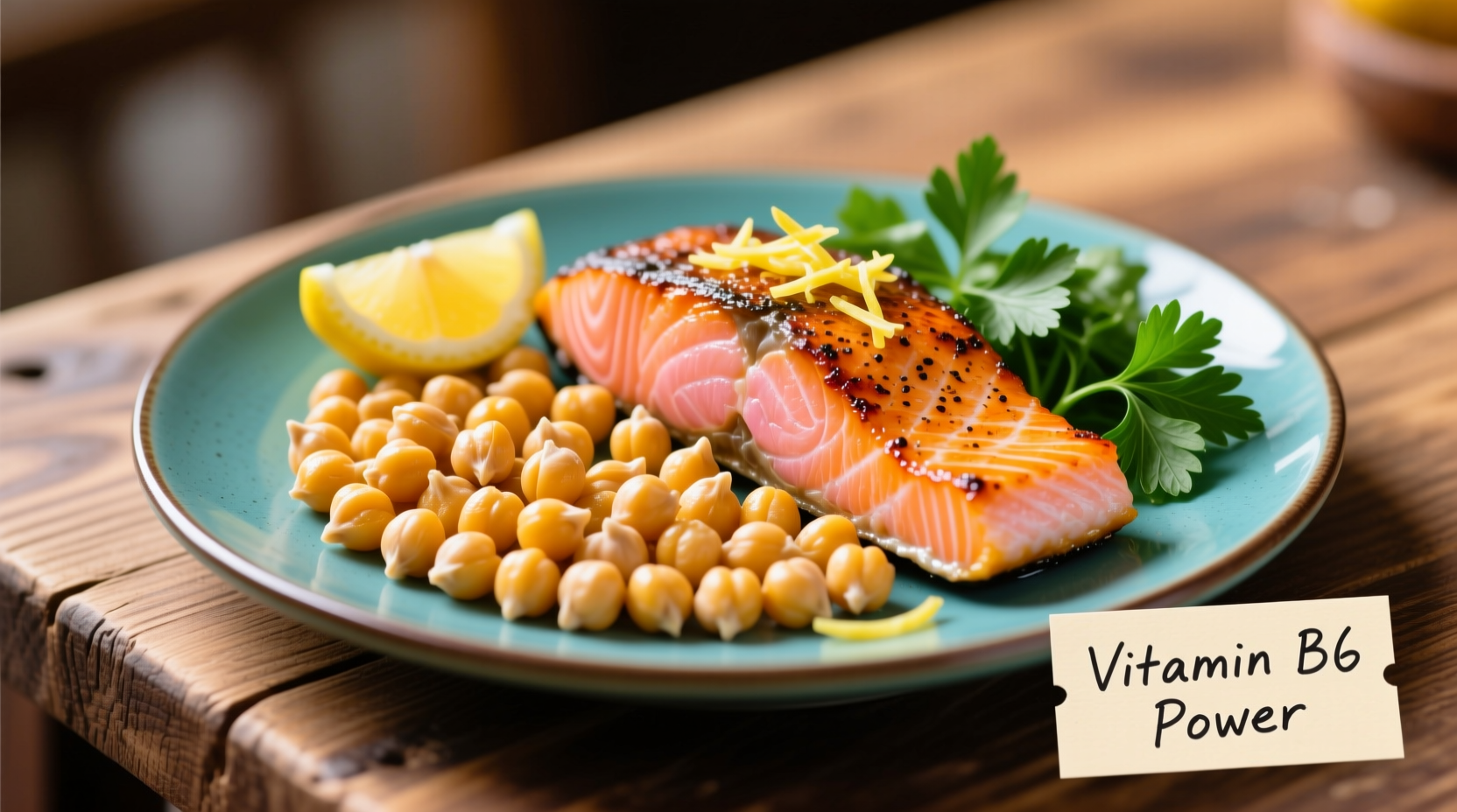 Colorful plate of B6-rich foods including chickpeas and salmon
