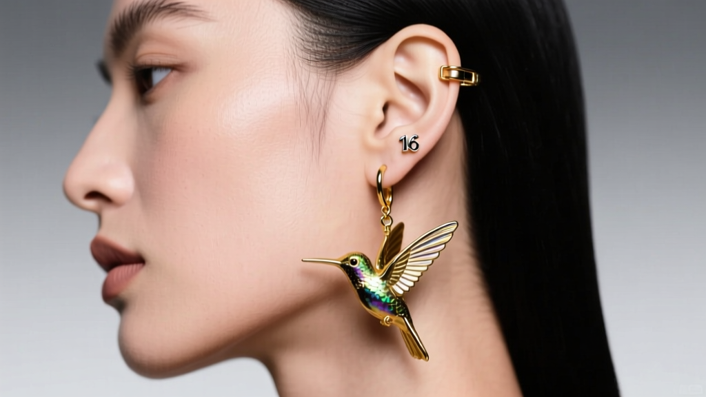 Side profile of a model wearing a balanced 16-gauge gold hummingbird drop earring, highlighting a secure locking leverback clasp.