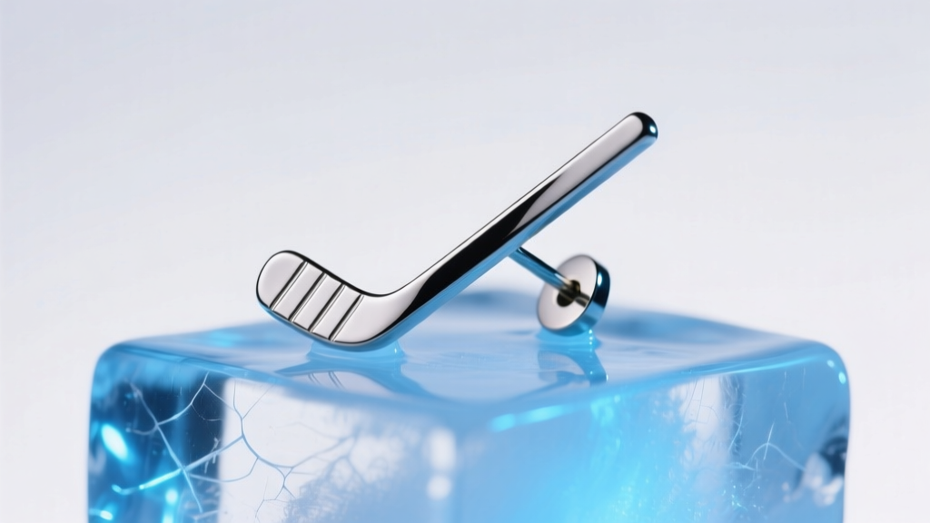 Minimalist 16-gauge titanium flat-back earring shaped like a hockey stick, resting on clear ice with soft blue studio lighting.