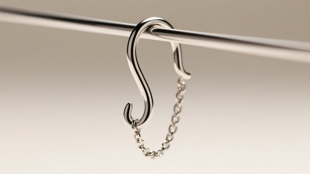 Close-up of a 20-gauge titanium french hook wire supporting a chain dangle earring, sharp focus on the polished metal curve.