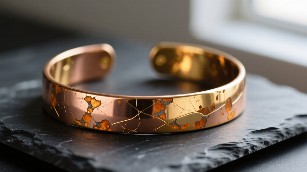 Macro photo of a gold-plated copper bracelet showing early oxidation and scratches on a dark slate surface for quality inspection.