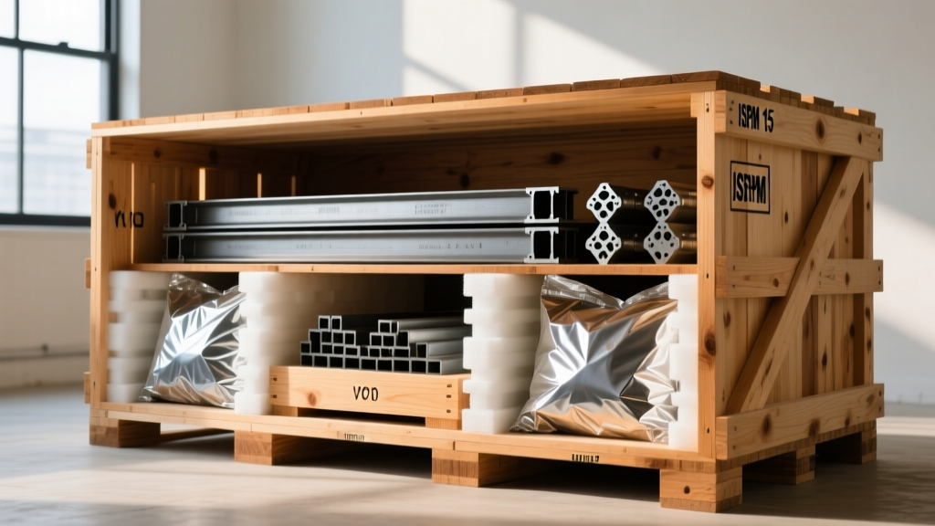 Open wooden shipping crate showing construction materials secured with VCI foil bags, foam protectors, and stamped ISPM 15 wooden dunnage