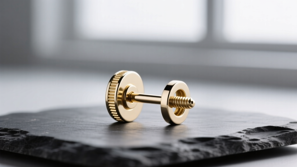 Macro shot of an 18-karat white gold earring post with a secure screw-back threading mechanism resting on a dark slate surface
