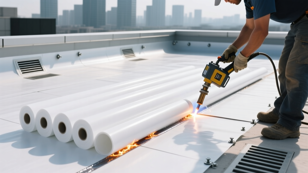 Commercial flat roof installation showing bright white PVC membrane rolls being heat-welded by a contractor using an automatic welding machine