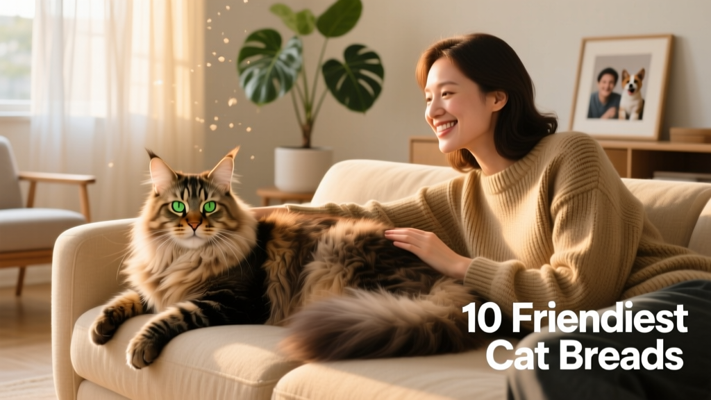 A large, fluffy Maine Coon lounging peacefully on a sofa beside its smiling owner