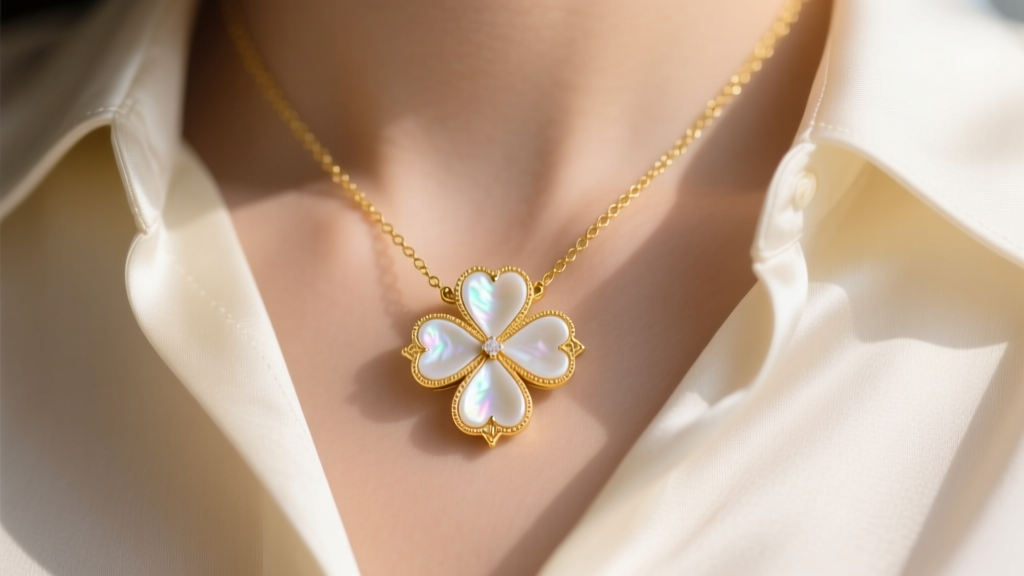 Close-up of a delicate 14k yellow gold womens clover necklace with white mother-of-pearl inlay resting on a silk blouse collar