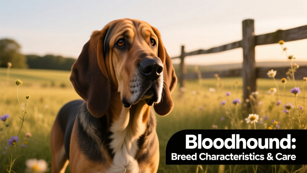 A mature bloodhound standing calmly outdoors, showcasing its deep wrinkles, long ears, and soulful expression