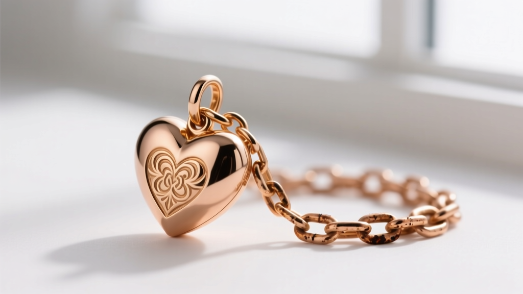 Macro shot of a polished 18k rose gold heart charm next to a slightly worn 14k rose gold chain link under studio lighting