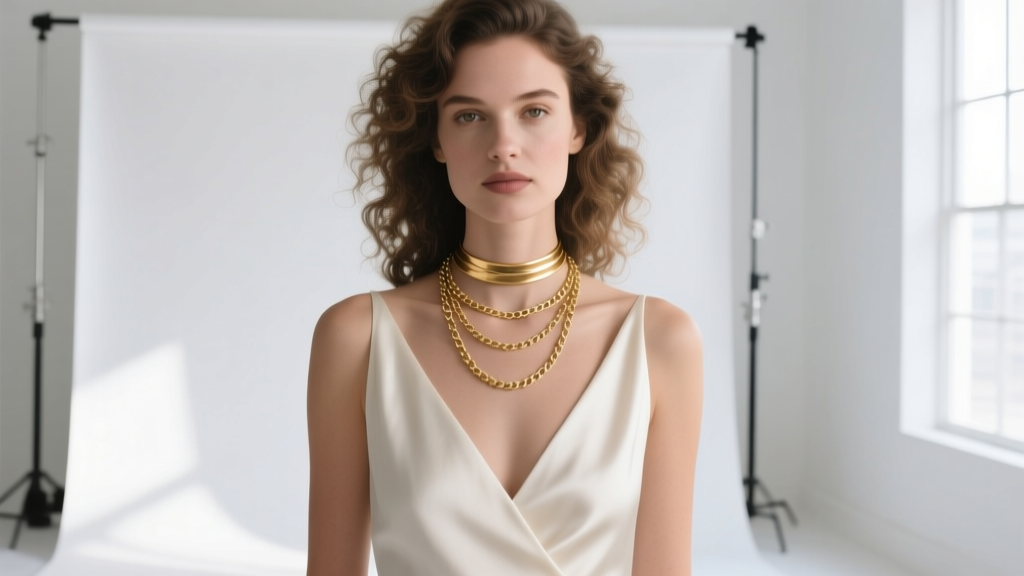 Woman in v-neck dress wearing a 16-inch choker and 20-inch matinee gold chain necklace, soft studio portrait lighting setup.
