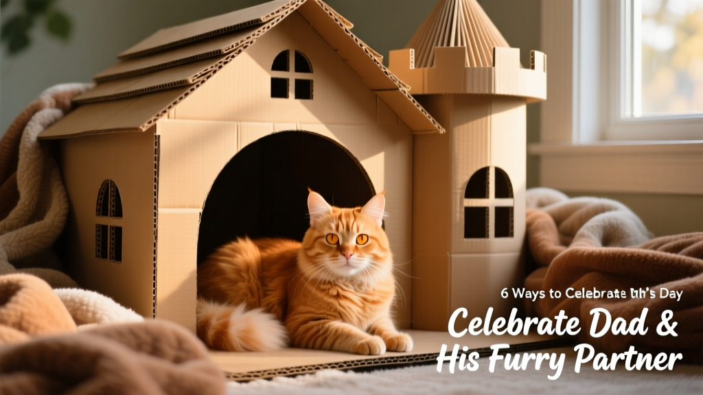 A ginger cat lounging inside a creatively assembled cardboard fort with tunnels, windows, and a ‘turret’ top, surrounded by soft blankets