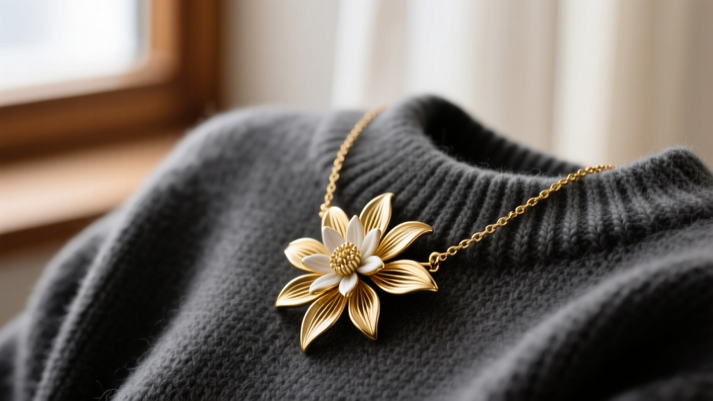 Close-up of 18k gold edelweiss necklace on charcoal wool sweater, soft window light highlighting intricate metal floral petals.