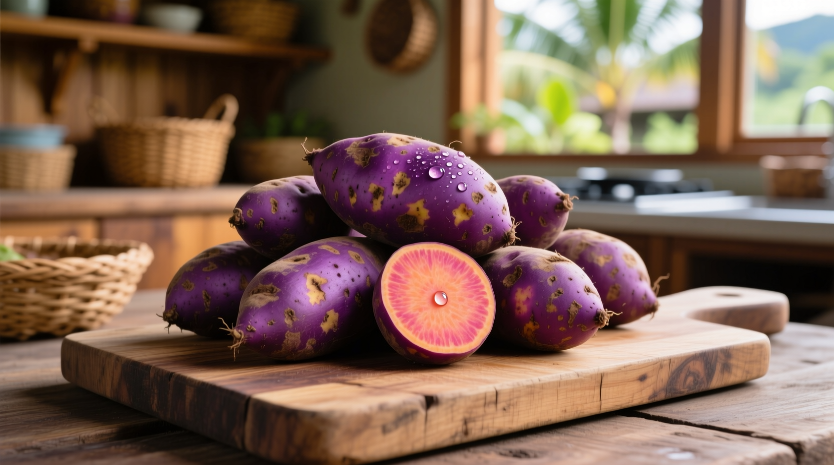Purple-skinned Hawaiian sweet potatoes on wooden cutting board