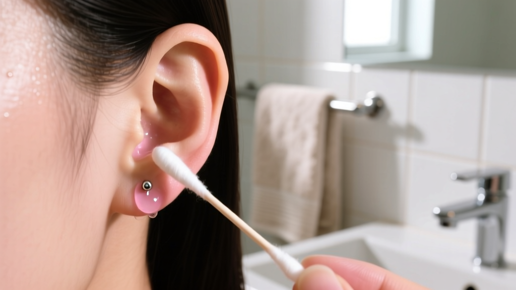 Cotton swab applying saline earring care solution to the back of an earlobe piercing under soft, warm natural bathroom lighting.