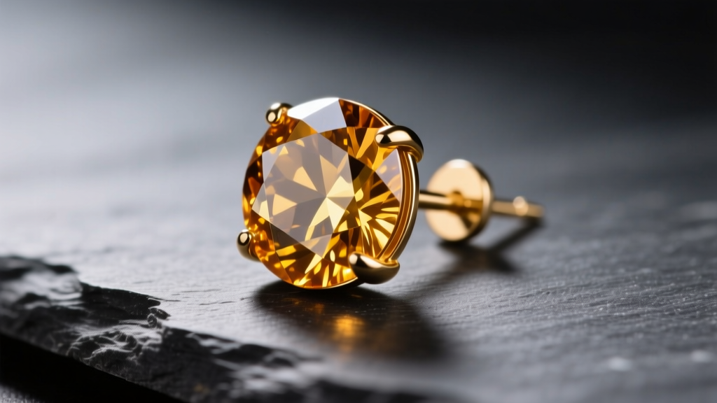 Macro shot of a faceted golden citrine stud earring in 14k gold with a loose prong, resting on dark slate under warm lighting.