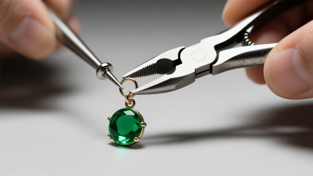 Jewelry pliers detaching a cheap alloy green Potara charm from a flimsy wire hook to replace it with a titanium post.