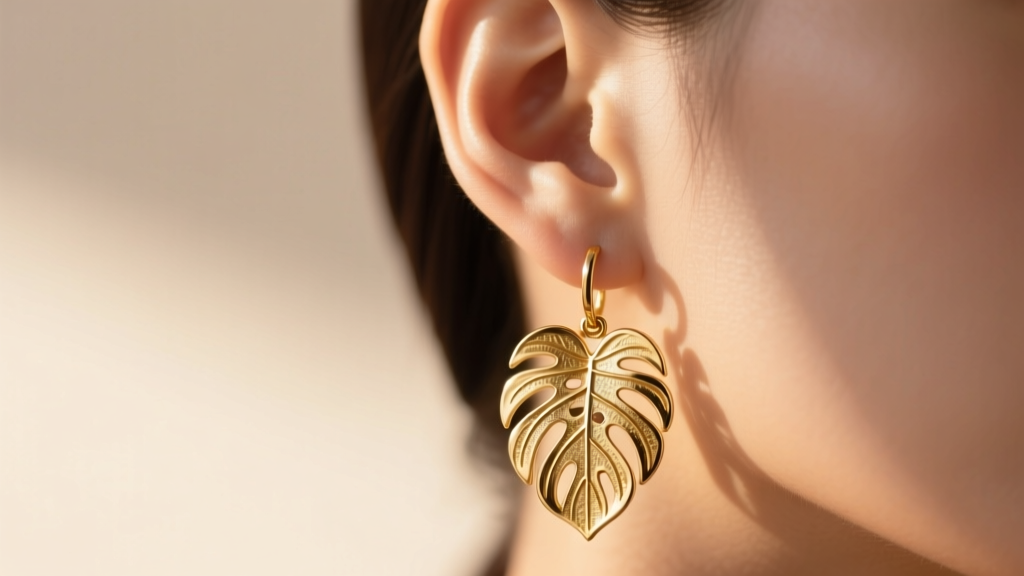Close-up of an ear wearing 18k gold vermeil monstera leaf drop earrings, soft sunlight highlighting the intricate leaf details.