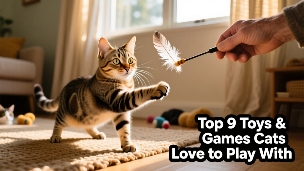 A curious tabby cat batting at a feather wand toy held by a hand