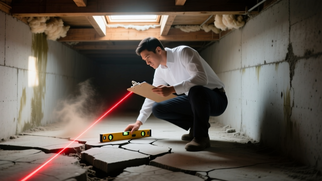 Structural engineer inspecting a cracked concrete slab foundation with a laser level and clipboard in a dimly lit residential crawl space