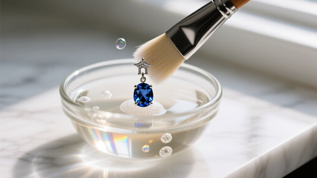 Soft brush gently scrubbing the pavilion of a sapphire solitaire drop earring submerged in a small glass bowl of warm soapy water.