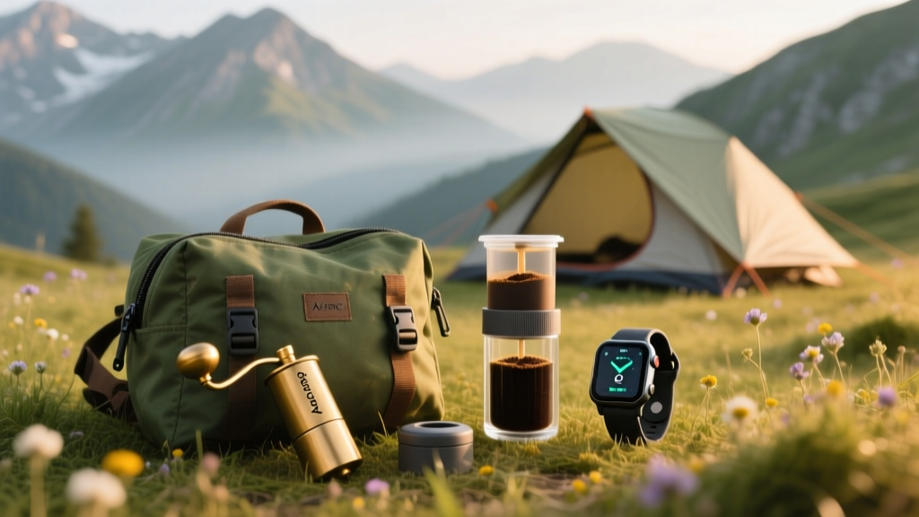 Ultralight backpacking setup featuring a manual hand grinder, AeroPress Go, and a smart GPS watch laid out on a dry bag next to a tent.