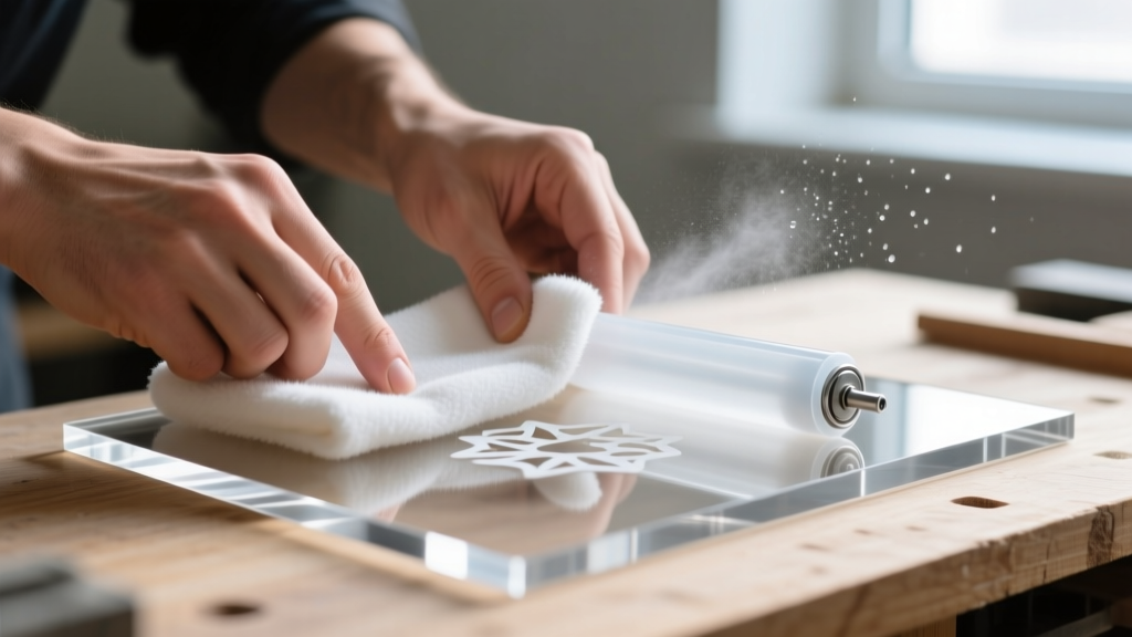 Hands applying anti-tarnish flannel to a laser-cut acrylic backing board using a silicone roller and archival-grade spray adhesive