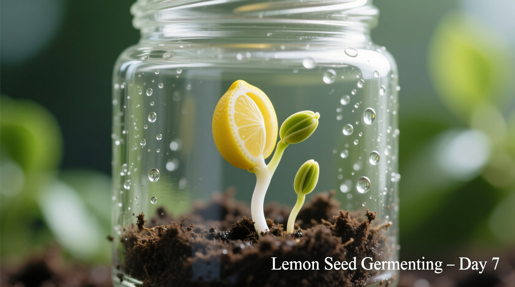 Lemon seed germination process in clear container