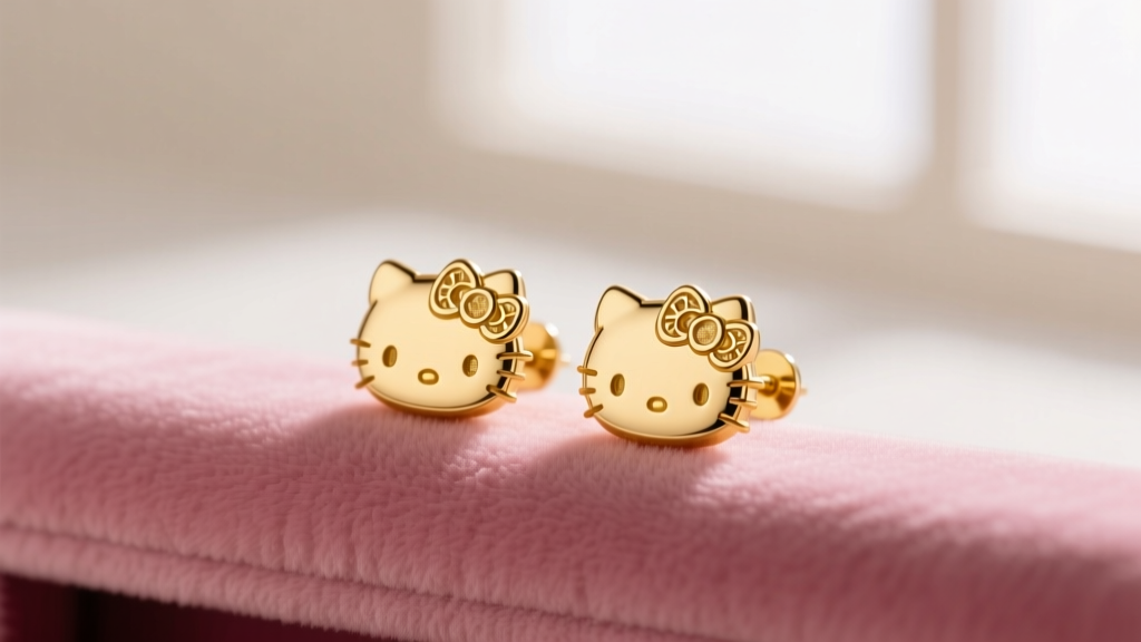 Close-up of 14k solid gold Hello Kitty stud earrings resting on pink velvet, soft studio lighting highlighting engraved bow details