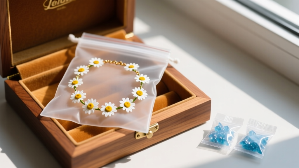 Anti-tarnish bag holding a neatly coiled daisy chain necklace, stored inside a wooden jewelry box next to small silica gel packets.