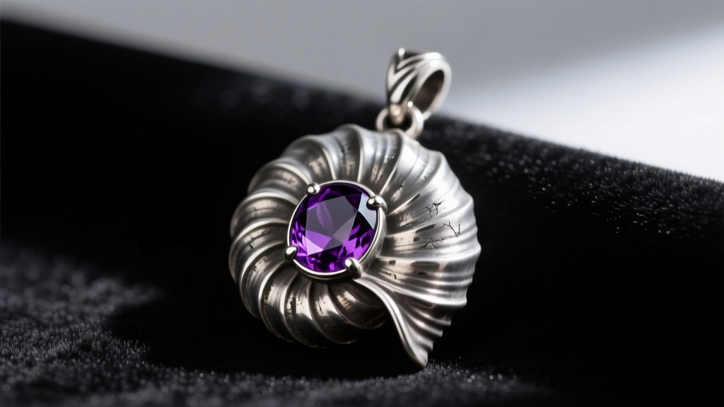Close-up of a dark oxidized sterling silver nautilus shell pendant with deep purple amethyst inlay resting on black velvet fabric.