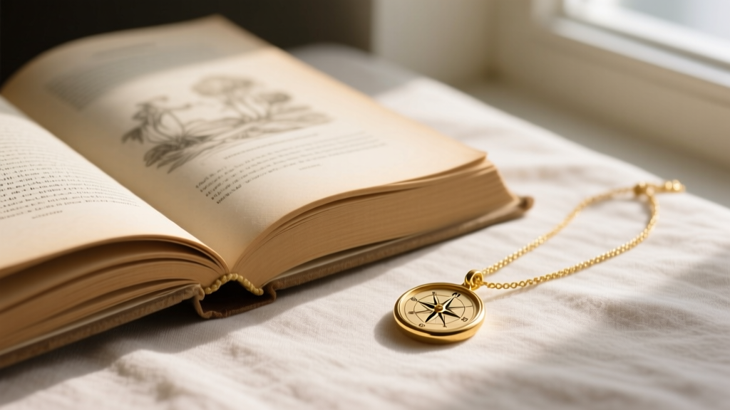 Open vintage book beside a 14k gold theme of the story necklace featuring a tiny hidden compass engraving on the pendant back