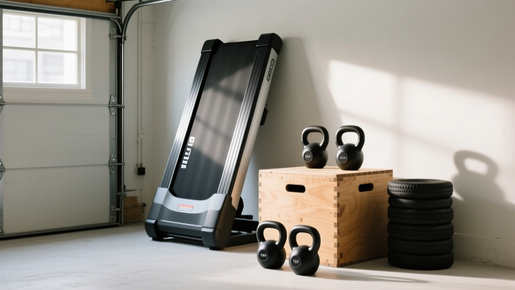 Folded heavy-duty treadmill stored neatly against a garage wall next to a wooden plyo box and kettlebells in a small space