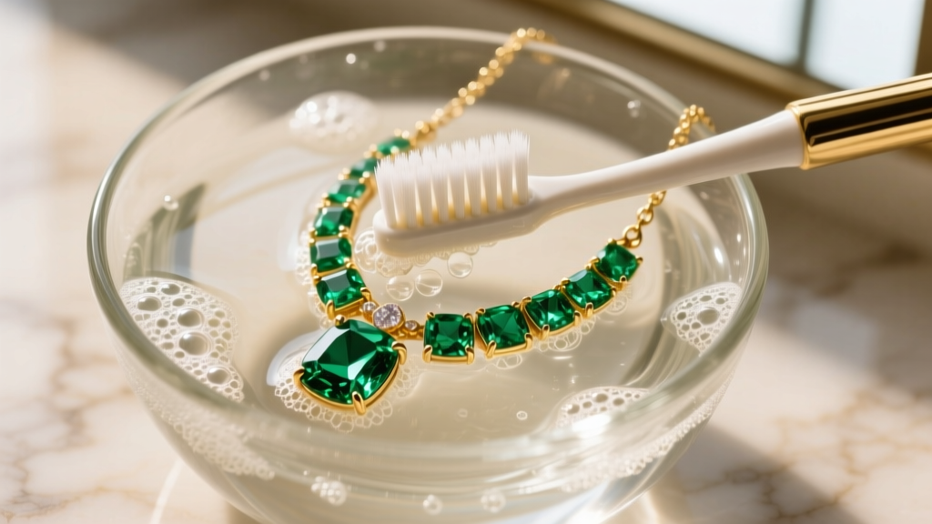 A soft-bristled toothbrush gently cleaning a gold esmeralda necklace in a glass bowl of lukewarm soapy water, shot from above.