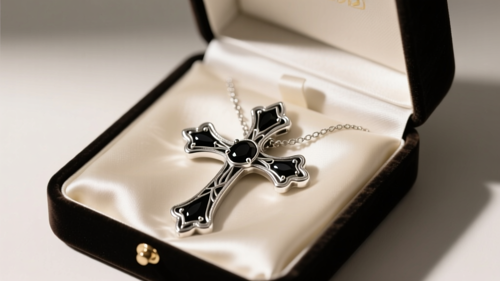 Velvet gift box revealing a large sterling silver gothic cross necklace with black onyx inlay, resting on soft cream satin fabric.