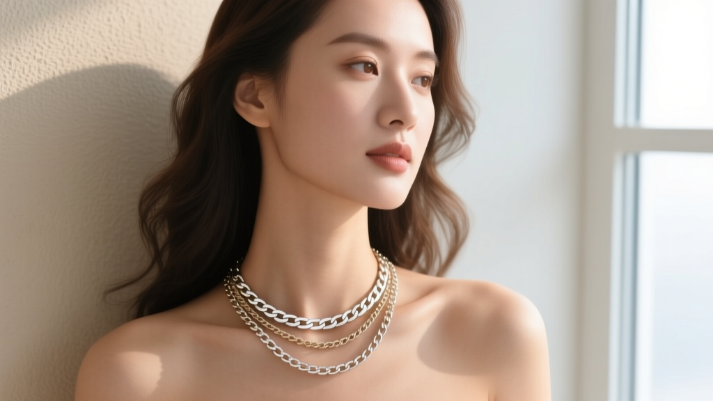 Woman wearing layered 14k white gold box and figaro chains, showing how different links catch soft lighting against her collarbone.