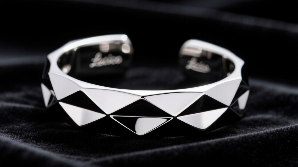 Close-up of a high-polish lucido 925 sterling silver geometric cuff bracelet reflecting studio lights on a dark velvet backdrop.