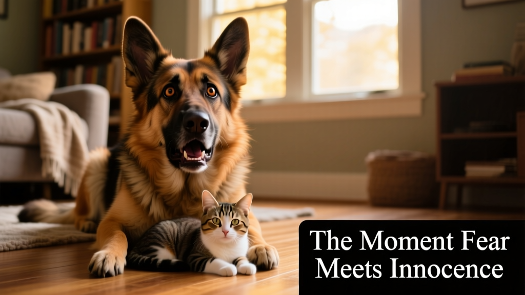 German's Shepherd's Terrified Face Over the Family Cat Is Priceless