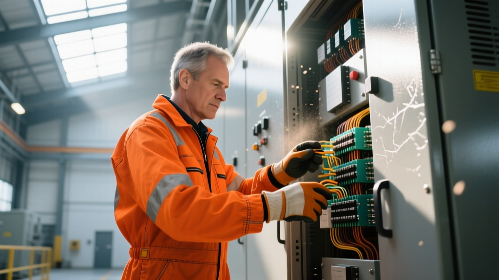 Industrial worker wearing bright orange Nomex arc flash coveralls inspecting high-voltage switchgear in a sunlit facility