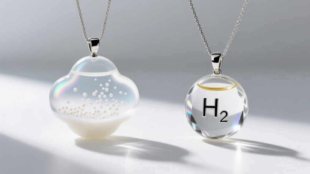 Side-by-side view of a cloudy liquid pendant and a crystal clear H2O necklace using distilled water and optical mineral oil.