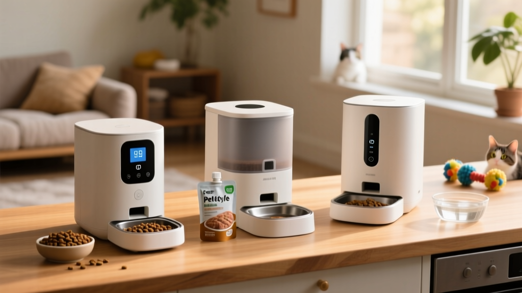 Side-by-side comparison of three compact automatic feeders with digital displays and portion-controlled dispensers