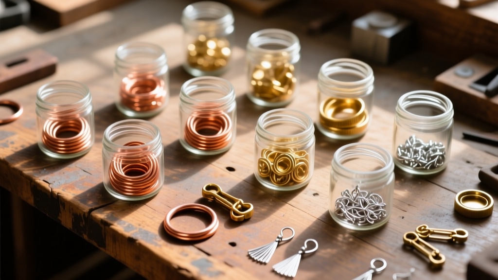 Overhead view of glass jars filled with copper jump rings, brass clasps, and silver ear wires on a rustic wooden workbench.