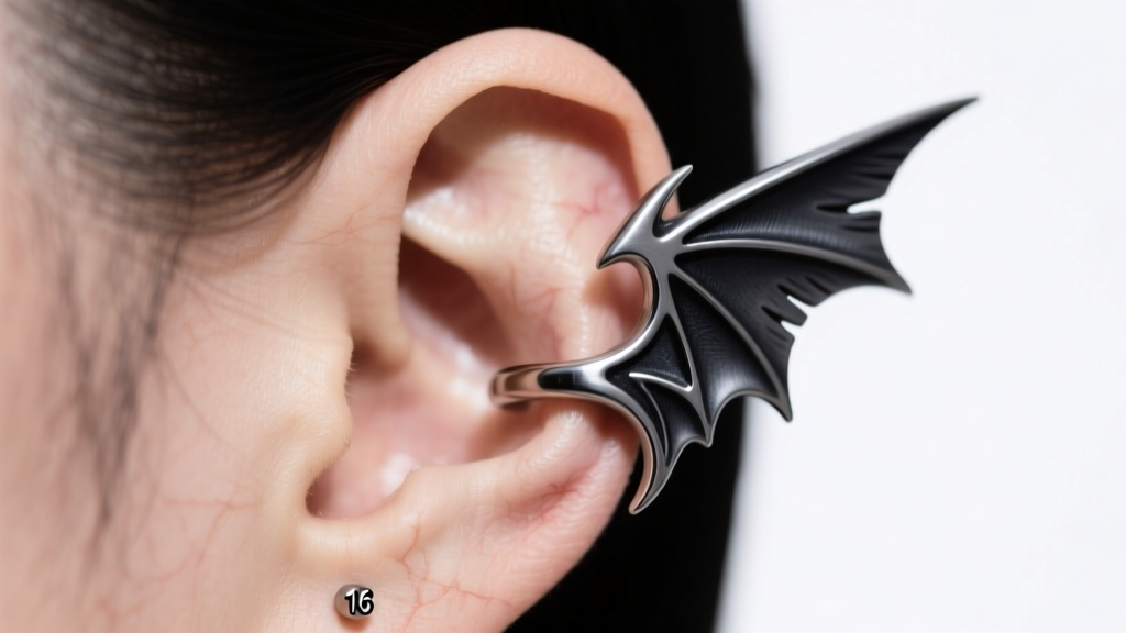Close-up of an ear showing a 16-gauge titanium ear cuff shaped like a dark deity wing, positioned on the upper helix cartilage.