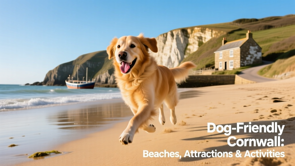 A happy dog running along a sandy beach in St. Ives, Cornwall, with cliffs and blue sky in the background