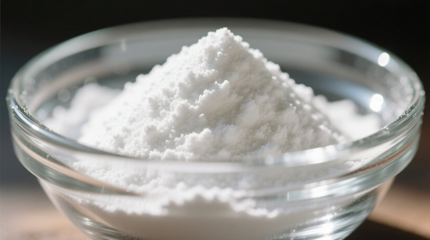 Close-up of white cornstarch powder in a glass bowl